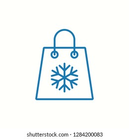 winter shopping bag; store packet with snowflake thin line blue icon
