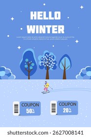 Winter shopping event illustration. Discount coupons for winter sale. Skier against the background of trees in the field Banner. Vector.	
