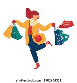 Winter shopping personage the cute warm dressed woman with shopping bags, flat vector illustration isolated on white background. Woman on Christmas sale or winter fair.