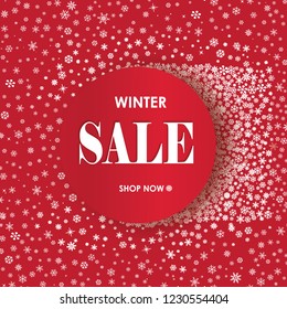 Winter shopping sale banner with lettering. Snow frame background. Holiday sale with snowflakes over red festive background