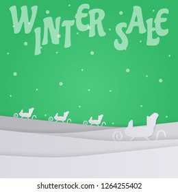 Winter shopping sale design for discount banner, advertising, leaflet, poster promotion, card, label, newsletter, ads, flyer template. Text, snowflakes, snowdrift, ice in paper cut. green background