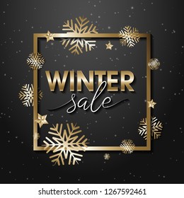 Winter shopping sale flyer template with lettering. Trendy cute background. Poster, card, label, banner design. Geometrical fond. Vector illustration EPS10.