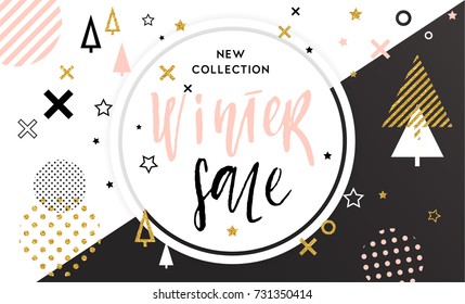 Winter shopping sale flyer template with lettering. Trendy cute background. Poster, card, label, banner design. Geometrical fond. Vector illustration EPS10.