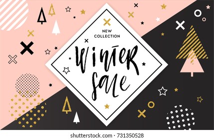 Winter shopping sale flyer template with lettering. Trendy cute background. Poster, card, label, banner design. Geometrical fond. Vector illustration EPS10.