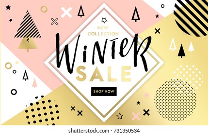 Winter shopping sale flyer template with lettering. Trendy cute background. Poster, card, label, banner design. Geometrical fond. Vector illustration EPS10.