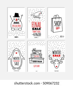 Winter shopping sale mobile web banner outline templates set. Seasonal discounts advertisements line art illustrations pack. Holiday special offer promo flyer layouts with typography collection