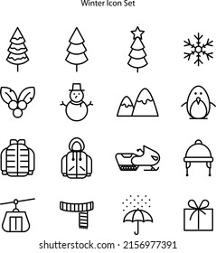 Signo de invierno Negro Línea delgada Juego de iconos incluye guante y chaqueta. Signo de invierno aislado con fondo blanco.