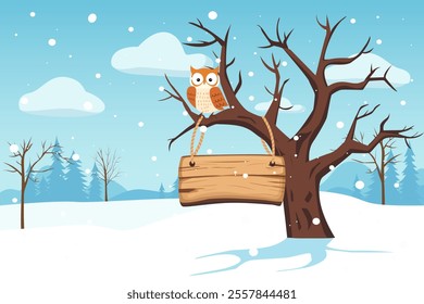 Winter sign on a tree against the backdrop of a beautiful winter landscape, with an owl on a branch. Owl on a tree. Wooden sign on a tree. Winter park or reserve. Vector illustration for sale.