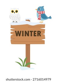 Winterzeichen Vektor im flachen Cartoon-Stil. Holzschild mit Wintertext und niedlichen Tieren. Wintersaison-Clipart-Illustration einzeln auf weißem Hintergrund.