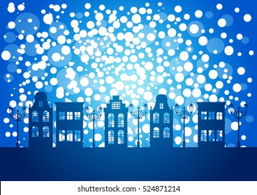 Winter Silhouette City View Cityscape Snow Skyline Flat Vector Illustration