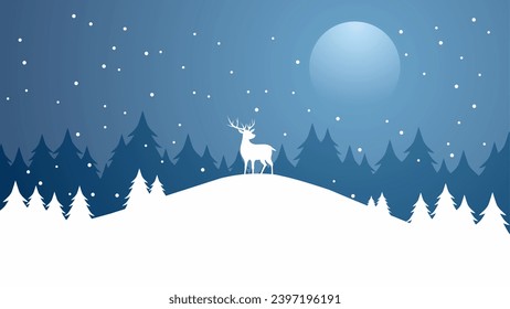 Winter silhouette landscape vector illustration. Scenery of reindeer silhouette in the pine forest snow hill. Cold season landscape for illustration, background or wallpaper