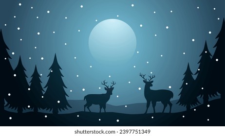 Winter silhouette landscape vector illustration. Scenery of reindeer and pine forest silhouette in winter night. Cold season landscape for illustration, background or wallpaper