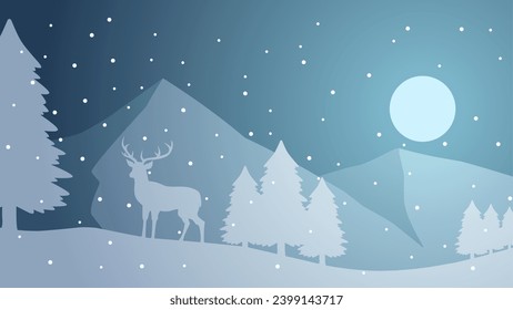 Winter silhouette landscape vector illustration. Scenery of reindeer silhouette in the pine forest snow hill. Cold season landscape for illustration, background or wallpaper