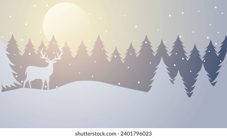 Winter silhouette landscape vector illustration. Scenery of reindeer silhouette in the pine forest snow hill. Cold season landscape for background