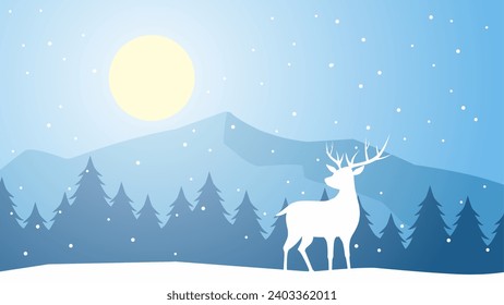 Winter silhouette landscape vector illustration. Scenery of reindeer silhouette in the pine forest snow hill. Cold season landscape for illustration, background or wallpaper