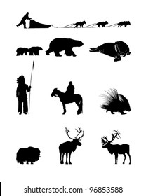 Winter Silhouettes of animals, sled dogs and the Indian