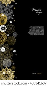 Winter silver abstract design with gold and white snowflakes and stars and black background. Trend golden design. Vertical border and text place. Vector illustration.
