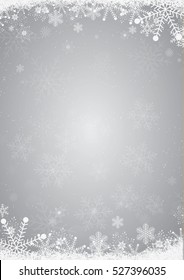 Winter silver christmas background with the snow and snowflake border 