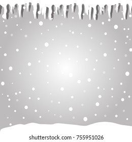 Winter silver snowy background  in cartoon style with icicles, fallen snowflakes and snowdrift.  Christmas, new year  vector illustration, template with space for text.
