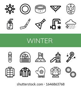 juegos de iconos sencillos de invierno. Contiene iconos como Copo de nieve, Agua fría, Puck, bastón de hockey, Balalaika, Shawl, máscara de hockey, Tormenta, Rastreador, pueden ser usados para web, móvil y logo