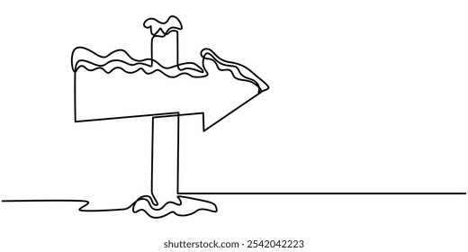 Inverno único desenho de linha contínua do sinal de estrada de madeira, Natal, mão desenhou o posto de sinalização. Uma sinalética contínua de linha. Postagem de sinal de arte de linha com seta. Ilustração vetorial de contorno, linha contínua.
