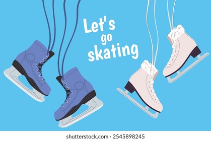 Winter skates. Ice skating shoes. Rental of specialized boots for skiing in winter. Active winter entertainment. Vector illustration