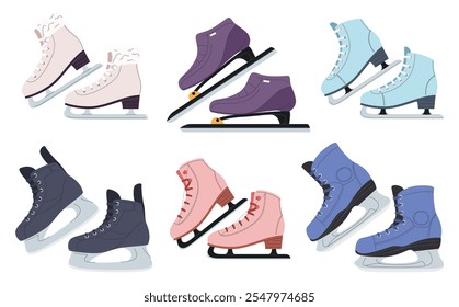 Winter skates. Ice skating shoes. Rental of specialized boots for skiing in winter. Active winter entertainment. Vector illustration