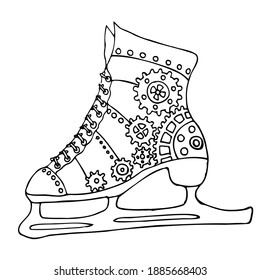 Winter skates in the style of steampunk. The skates are decorated with gears. Black and white illustration in sketch style. a linear pattern. Winter sports. Coloring book for children and adults.