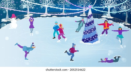 A winter skating rink with a Christmas tree, a snowman and people skating. Christmas decoration in the city park. Active winter recreation at the ice rink. Vector illustration.