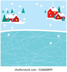 Winter Skating rink.. Houses on the background. Vector illustration.