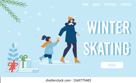 Winter Skating. Snowfall Design. Blue Backdrop. Festive Decoration. New Year and Christmas Party. Mother with Child in Rink Outdoors. Advertising Poster. Landing Page. Vector Flat Cartoon Illustration
