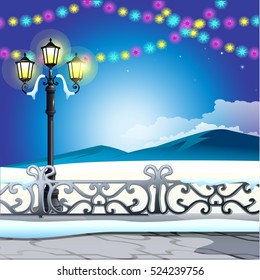 Winter sketch on the background of snowy hills and vintage street lamp with colorful garlands. Sample of Christmas and New year greeting card, festive poster or party invitations. Vector illustration.