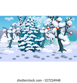 Winter sketch on the background of snowy spruce and tree of red rowan in the forest. Sample of Christmas and New year greeting card, festive poster or party invitations. Vector illustration close-up.