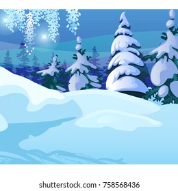 Winter sketch on the background of snowy spruce and tree in the forest. Sample of Christmas and New year greeting card, festive poster or party invitations. Vector illustration close-up cartoon.