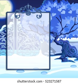 Winter sketch with space for your text on the background of snowy trees in the Park. Sample of Christmas and New year greeting card, festive poster or party invitations. Vector illustration.