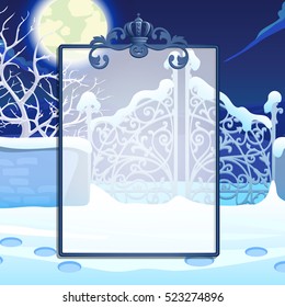 Winter sketch with space for your text on the background of snowy trees and old wrought gates in the Park. Sample of Christmas and New year greeting card, festive poster or party invitations. Vector.