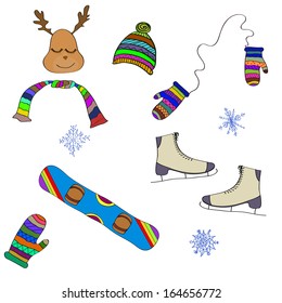 Winter Sketch Vector Seamless Colorful Set with Hat, Deer, Neckerchief, Mittens, Skates, Snowboard