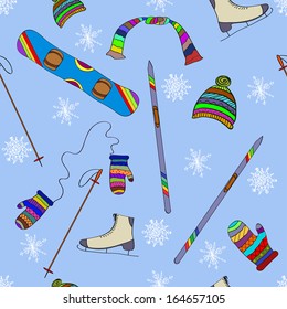 Winter Sketch Vector Seamless Pattern with Hat, Mittens, Snowboard, Skiing