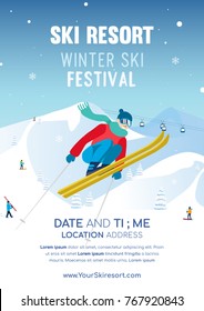 Winter Ski Festival Poster Invitation Vector Illustration, Ski Resort Flyer