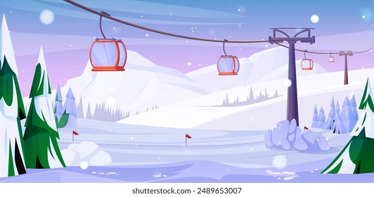 Winter ski mountain resort with white snow hills, green spruce trees and red cabins on lift cable. Cartoon vector illustration of snowy scenery with cableway. Modern gondola on cablecar funicular.