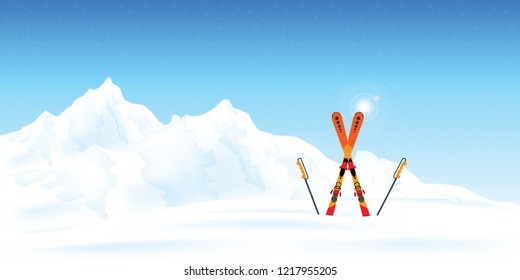 Winter ski resort against winter landscape, winter sport and recreation, winter holiday vacation vector illustration.
