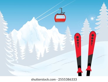 Winter ski resort against winter landscape, winter sport and recreation, winter holiday vacation vector illustration.