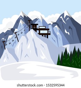 Winter ski resort with a cable car and a holiday house. Illustration in flat style