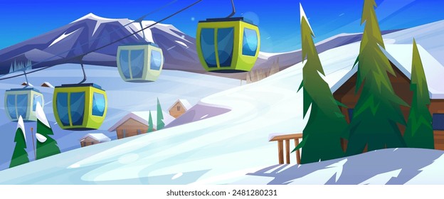 Winterskigebiet mit Bergbahnen in den Bergen. Vektorgrafik Cartoon-Illustration der Gondelbahn mit Touristen über schneebedecktem Hang, hölzerne Chalethäuser und Bäume, Alpenlandschaft, Urlaub Freizeit