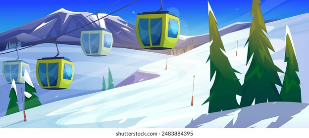 Winter ski resort with cable cars in mountains. Vector cartoon illustration of gondola lift carrying tourists above snowy slope and trees, Alpine landscape, holiday recreation