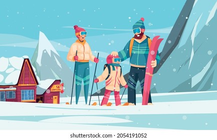 Cartoon-Komposition Winterski-Resort mit junger Familie auf Skiern in Schneebergen auf Hintergrund, Vektorgrafik