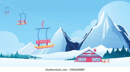 Winter ski resort composition with chalet and ski lift symbols flat vector illustration