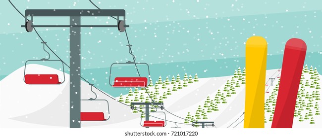 Winter ski resort conceptual vector illustration. Ski lift, snowboards, fir trees, hills, snow falling. Winter activities advertising flyer.