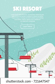 Winter ski resort conceptual vector illustration. Ski lift, fir trees, hills, falling snow, place for text. Winter activities vertical banner.