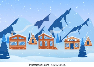Winter ski resort elements, snowy landscape and buildings. Vector illustration 2019